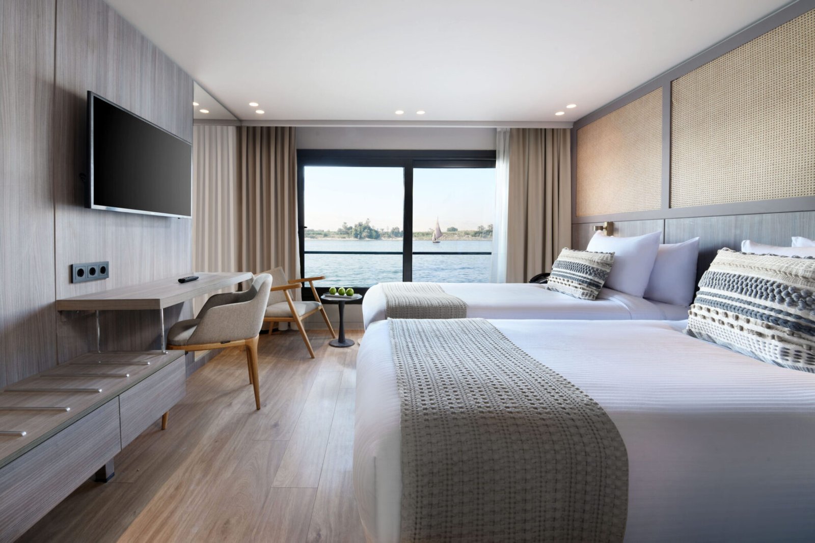 Luxury Twin Cabin on board Historia Boutique river cruise with large panoramic view for the Nile