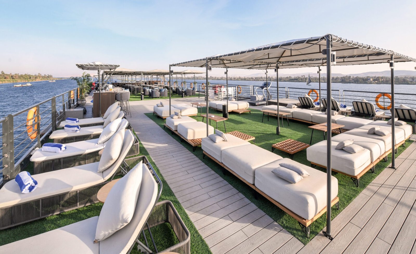 Sun Deck of the historical Luxury Nile cruise with relaxation on baord