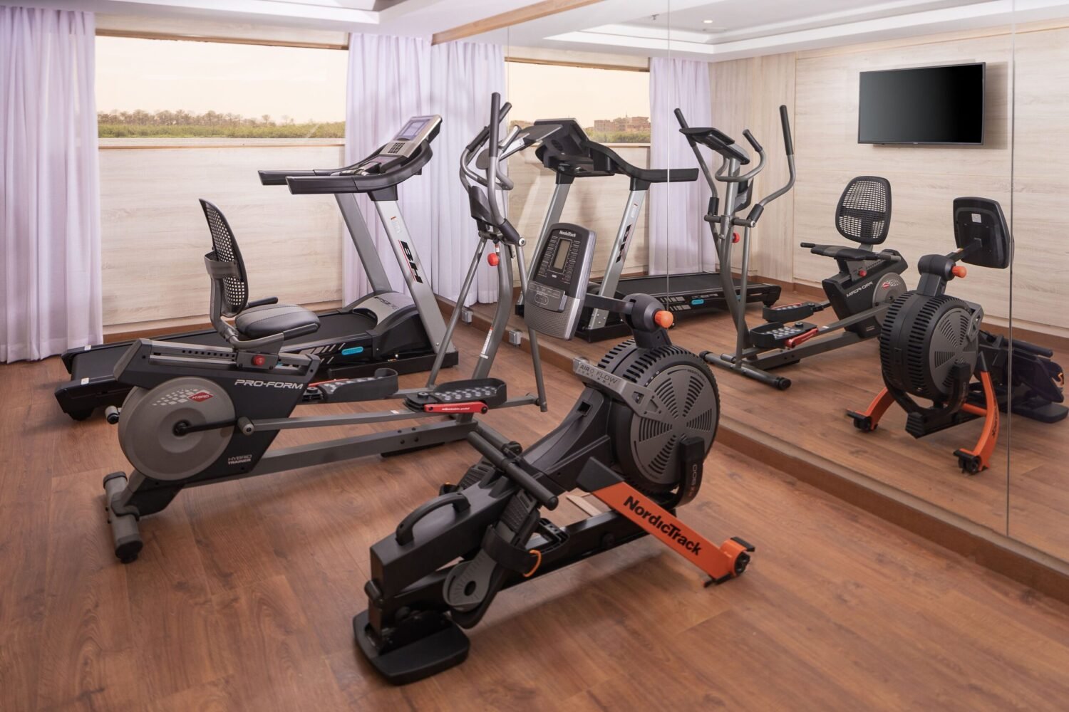 Modern, air-conditioned gymnasium aboard the Jaz Regent Nile Cruise ship, featuring treadmills, exercise bikes, and weights.