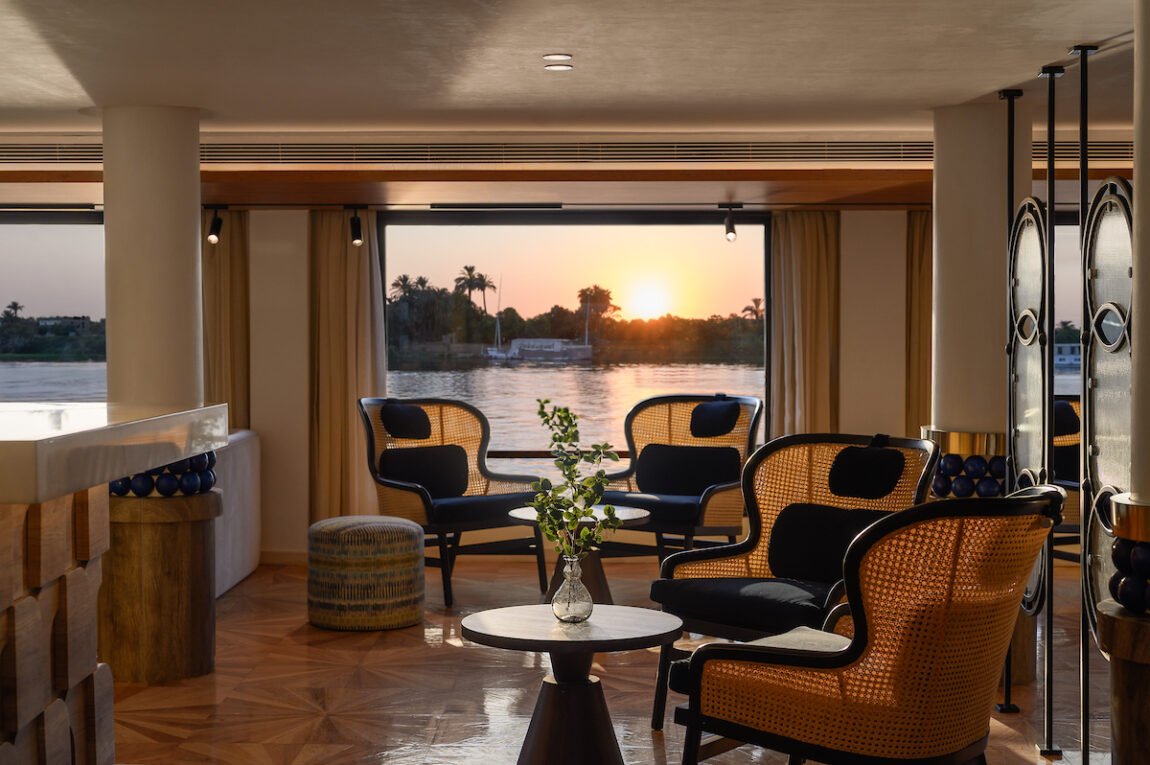 The seating area in Soleil Nile cruise with spectacular view of the Nile