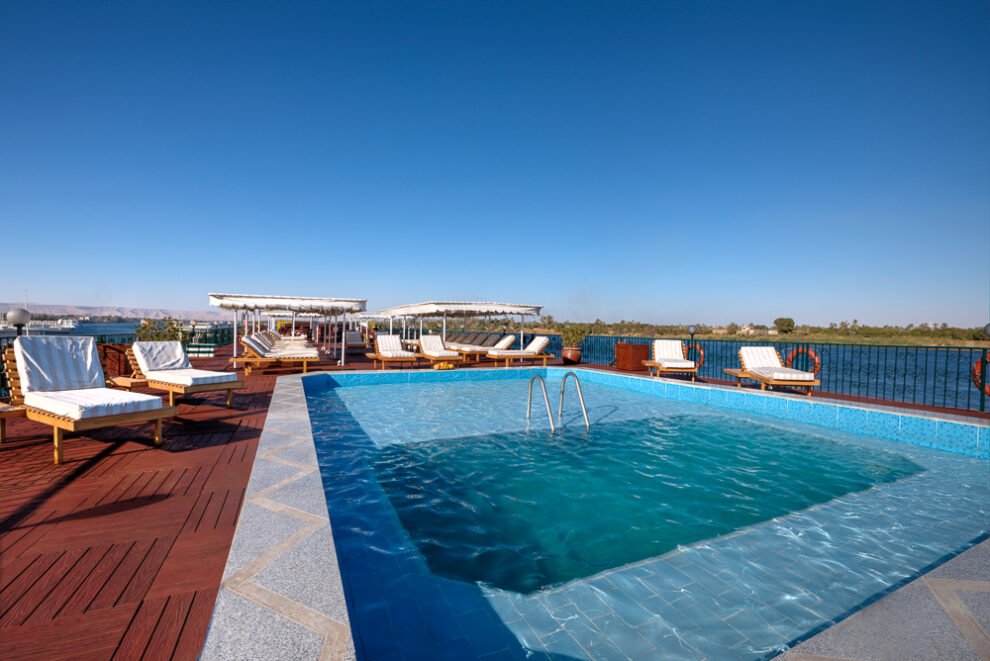 Swimming pool and sundeck of La Traviata Nile Cruise sailing on the Nile River