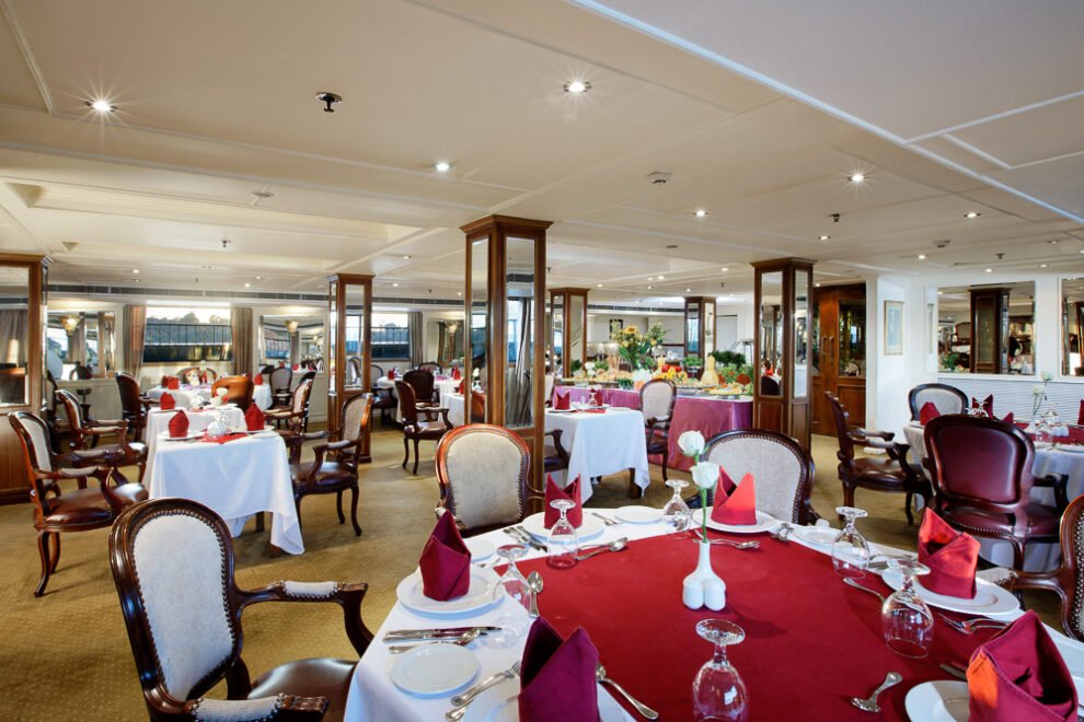 Elegant restaurant on La Traviata Nile Cruise sailing along the Nile River in Egypt