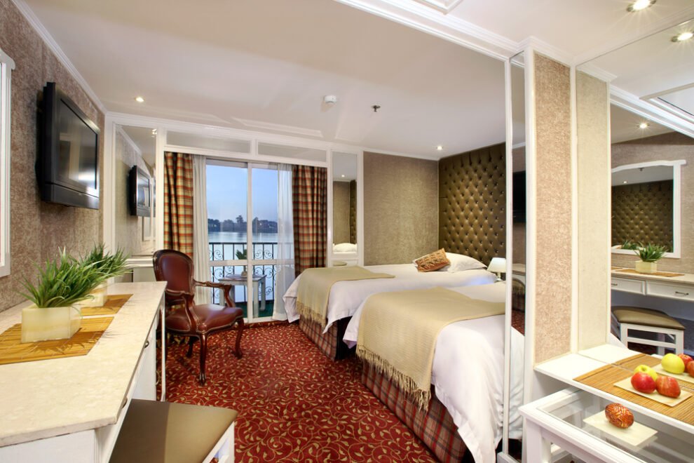 La Traviata Nile Cruise twin cabin with balcony overlooking the Nile River