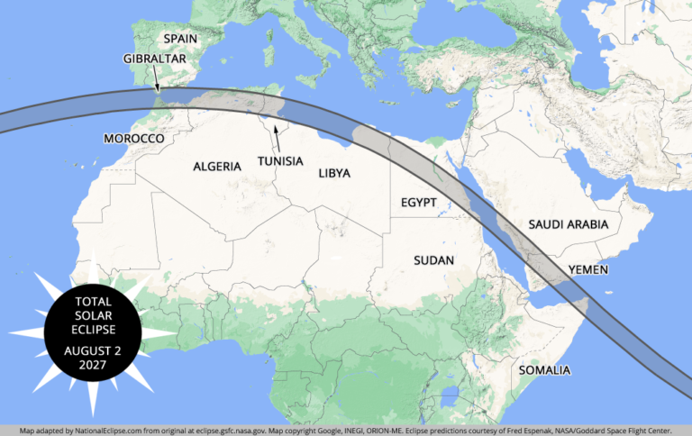 Solar eclipse 2027 path map over Egypt showing totality across major cities