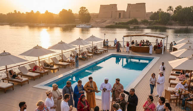 A diverse group of smiling travelers enjoying a conversation on the sundeck of a Nile cruise ship, with the Nile River and the Egyptian landscape visible in the background