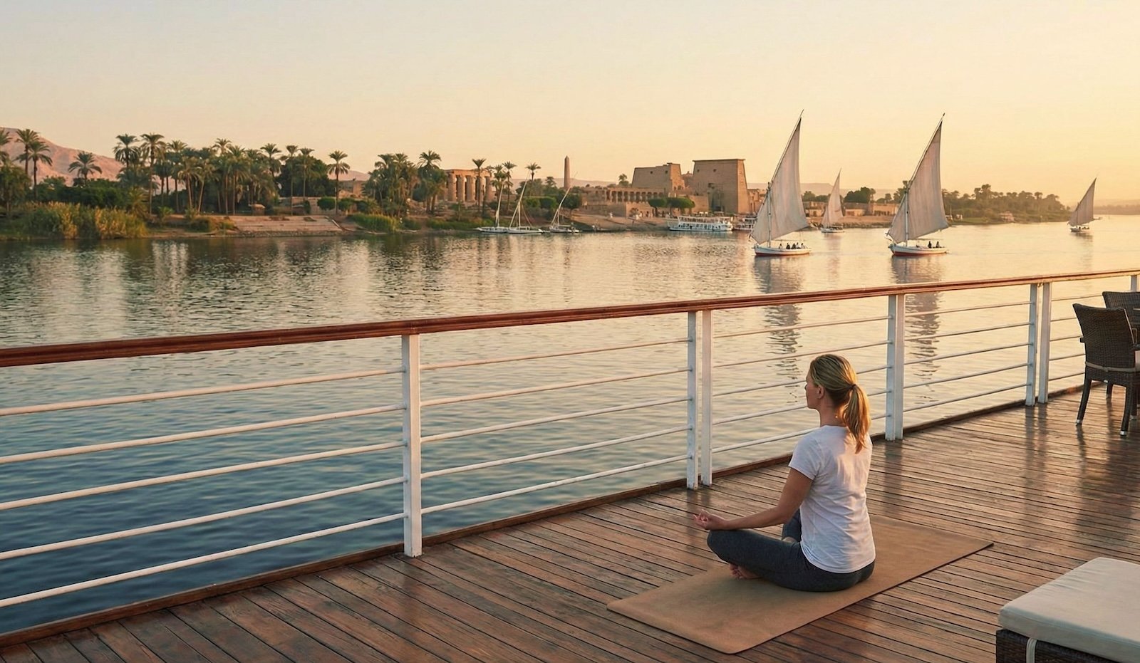 Traveler meditating on a Nile cruise boat with Nile Cruisen, overlooking the calm waters of the Nile River.