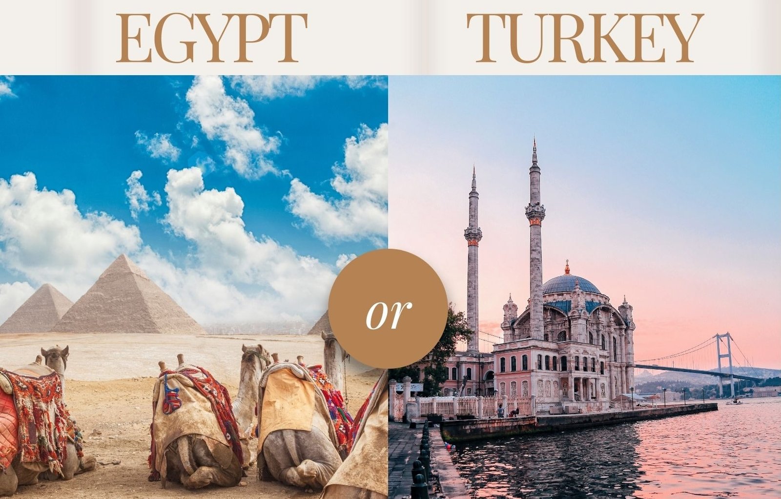 Egypt vs Turkey travel comparison showing the Pyramids of Giza and Cappadocia hot air balloons, highlighting cultural and historical differences