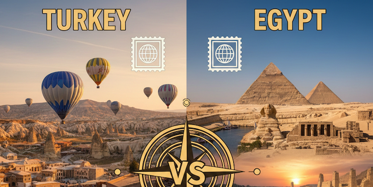 Traveler choosing between Egypt pyramids in Giza and hot air balloons over Cappadocia in Turkey.
