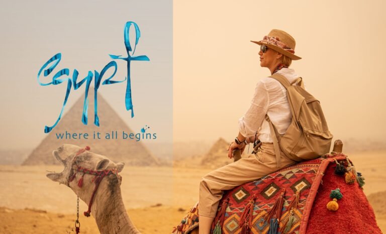 Egypt tourism campaign showcasing the Pyramids of Giza, Nile River cruise, and ancient temples