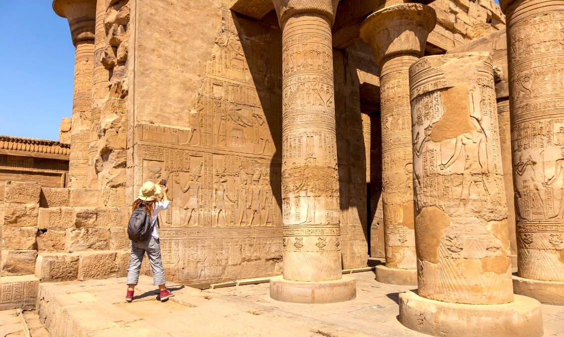 Tourists visiting Philae Temple in Aswan, Egypt with Nile Cruisen during a private Nile tour