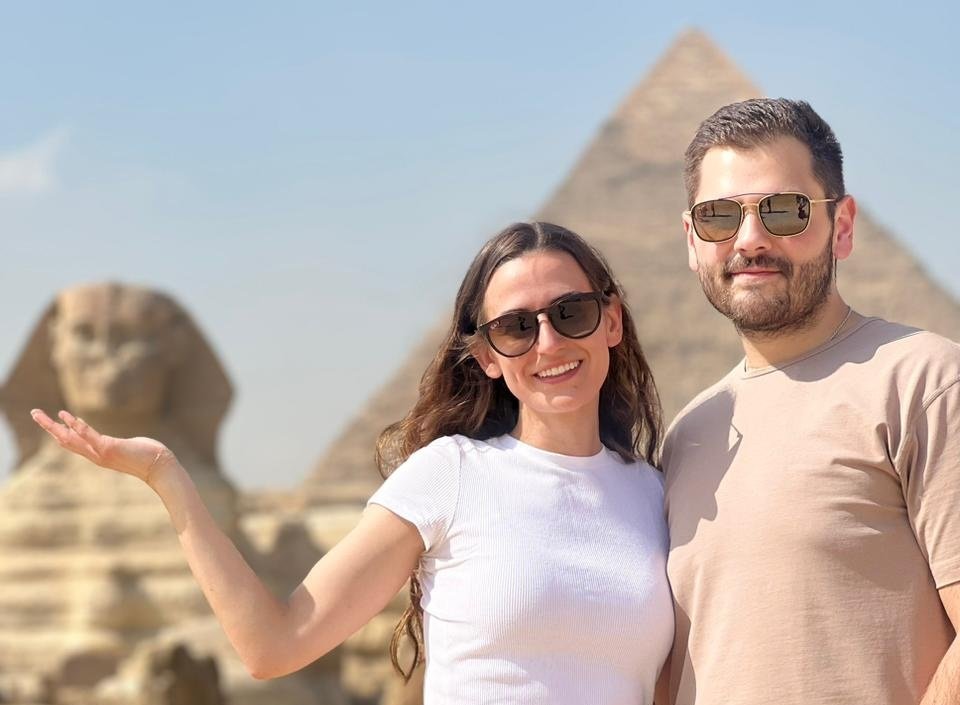 The Great Pyramid and the Giza Pyramids in Cairo, Egypt's desert landscape