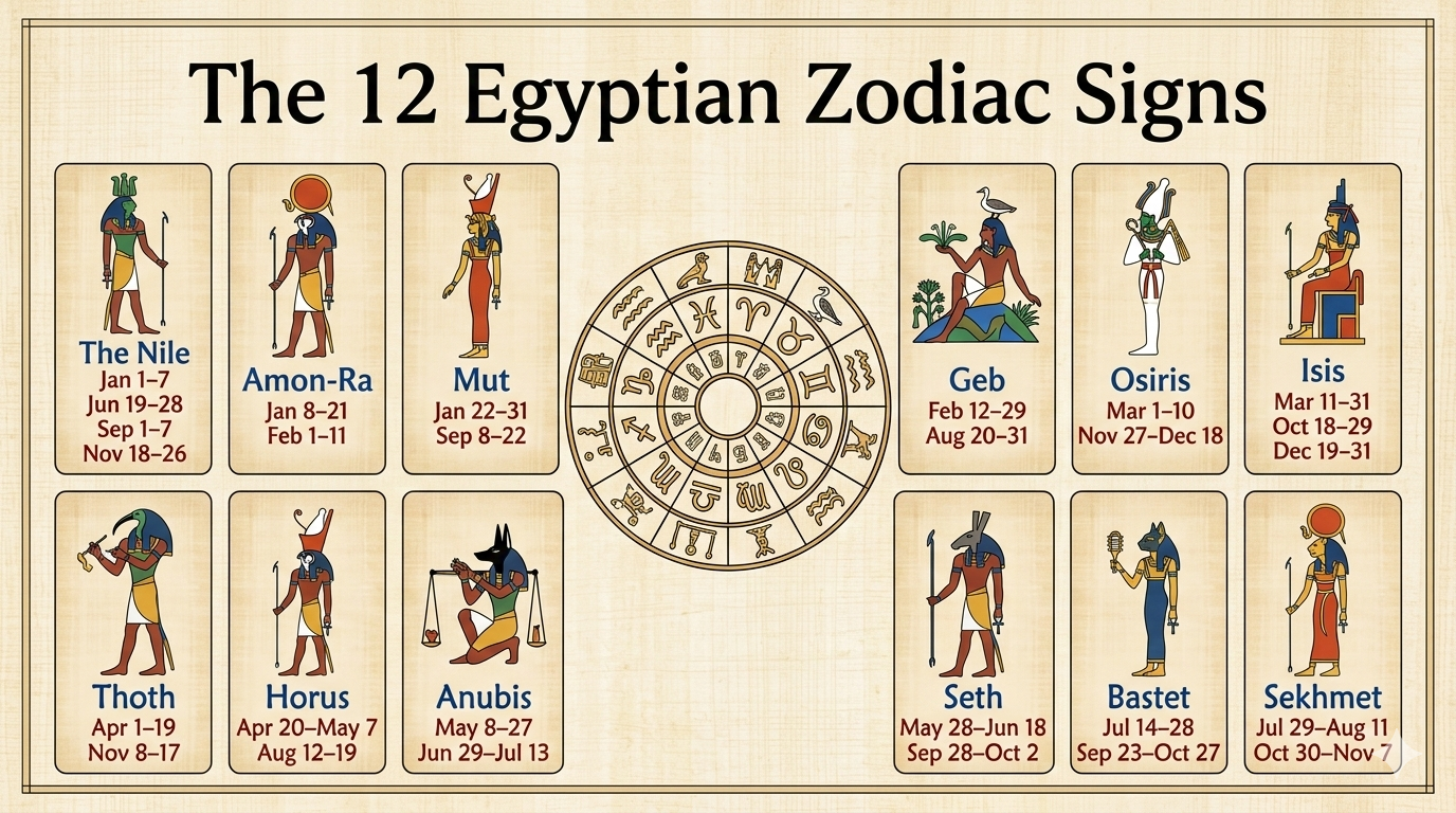 What are the 12 Egyptian zodiac signs