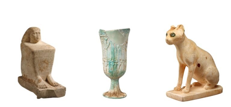 Ancient Egyptian artifacts featuring the goddess Bastet with traditional symbols and carvings