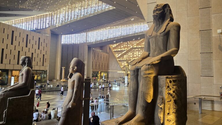 Grand Egyptian Museum near the Giza Pyramids showcasing ancient Egyptian treasures and modern architecture