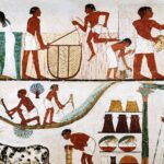 Ancient Egyptian tomb painting depicting daily life scenes, including farming, food preparation, animal husbandry, and household activities along the Nile Valley.