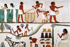 Ancient Egyptian tomb painting depicting daily life scenes, including farming, food preparation, animal husbandry, and household activities along the Nile Valley.