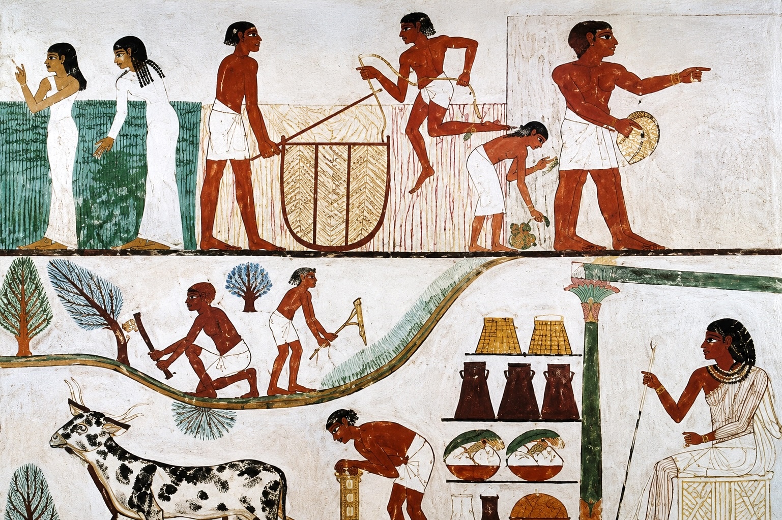 Ancient Egyptian tomb painting depicting daily life scenes, including farming, food preparation, animal husbandry, and household activities along the Nile Valley.