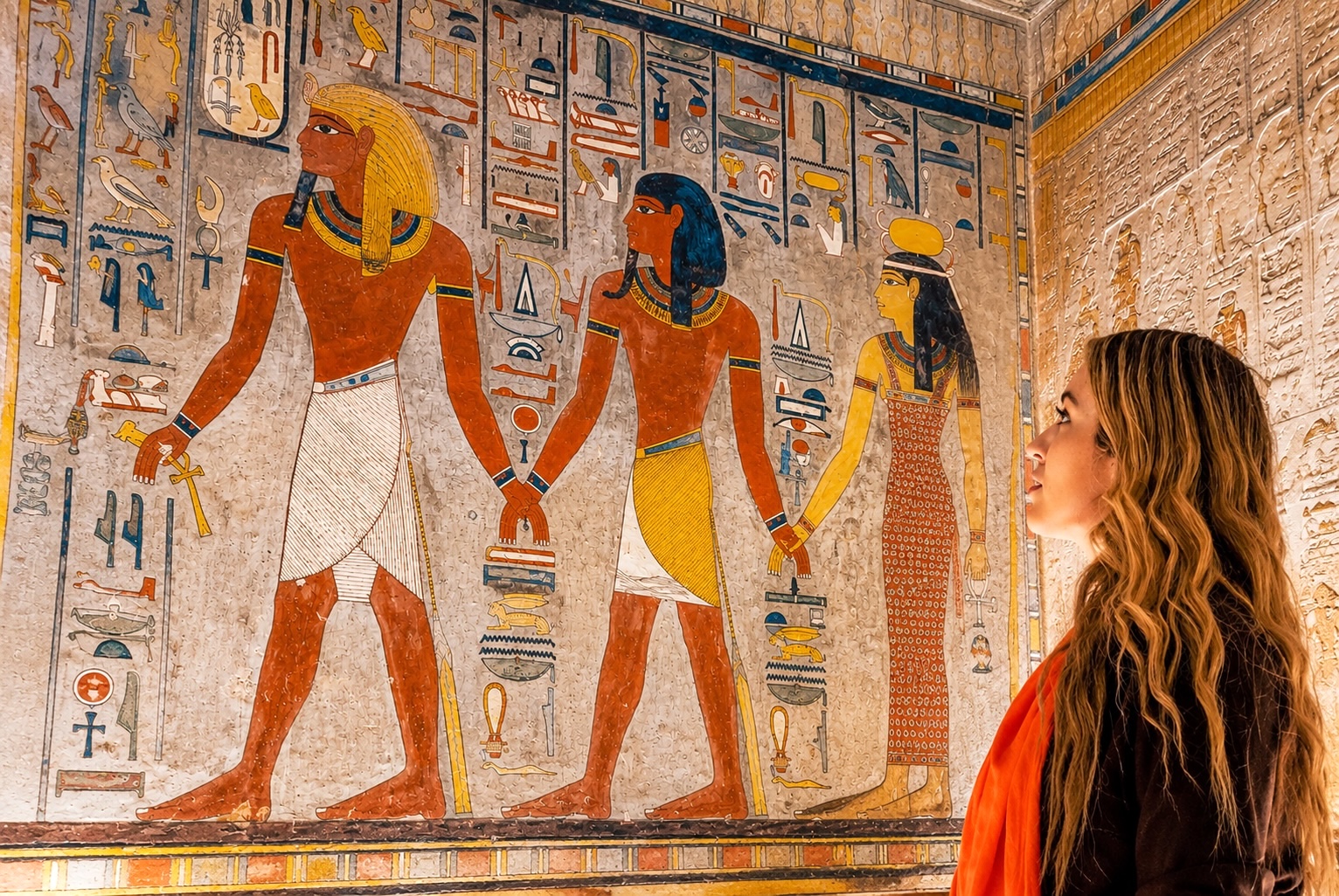 Traveler exploring the colorful ancient wall paintings inside a royal tomb in the Valley of the Kings, Luxor, Egypt with Nile Cruisen
