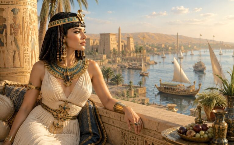 Queen Cleopatra illustrated on authentic Egyptian papyrus, representing the last ruler of Ancient Egypt. Explore Cleopatra's history and book unforgettable Nile cruises and Egypt tours with Nile Cruisen.