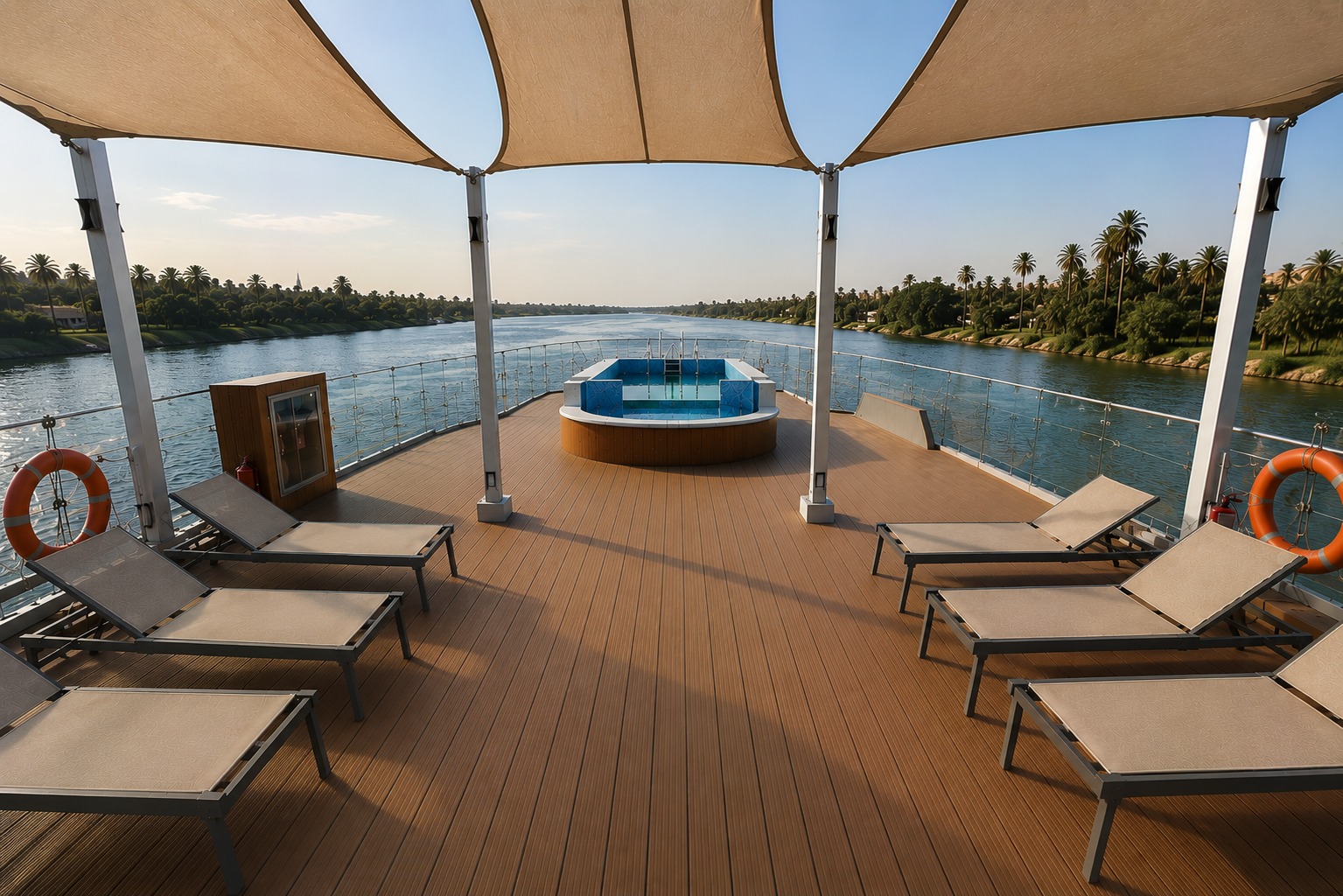 Rafaheya Dahabeya sundeck with views of the Nile River in Egypt