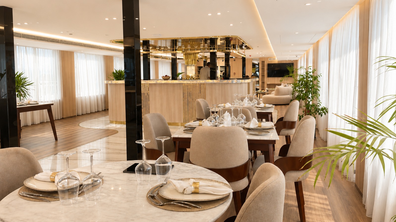 Restaurant dining area aboard the Rafaheya Dahabeya in Egypt