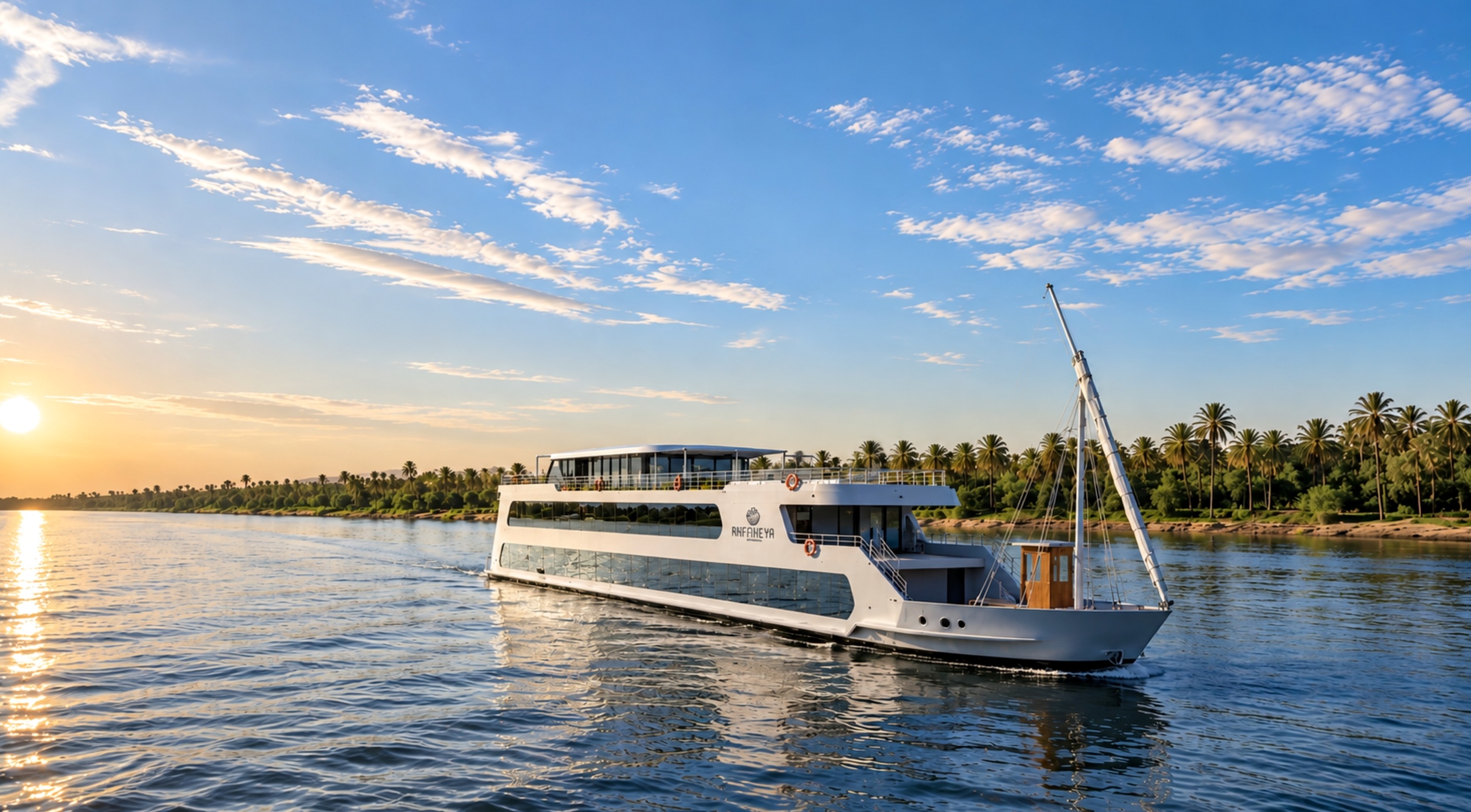 Rafaheya Dahabeya sailing on the Nile River in Egypt at sunset