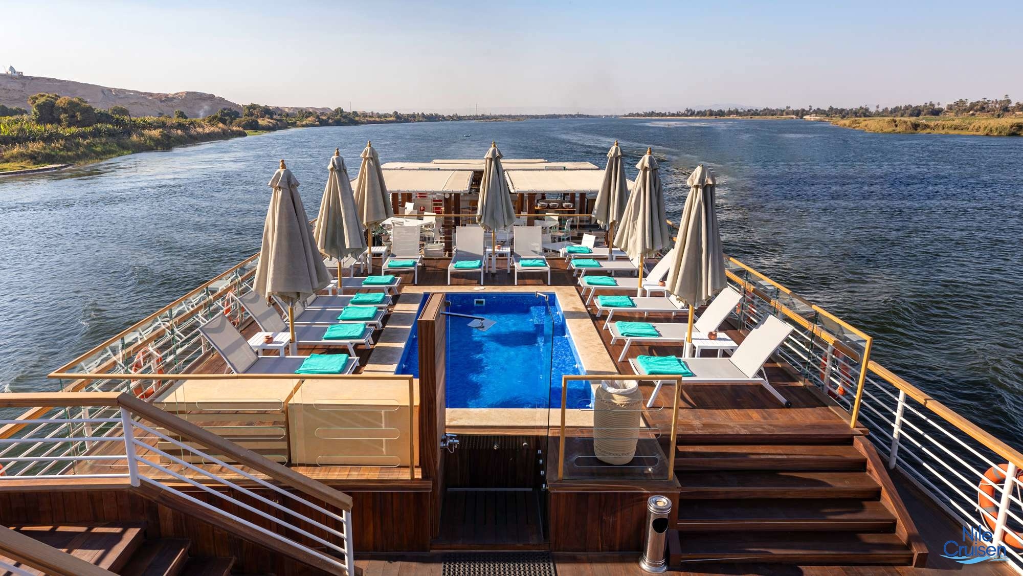 TIA Boutique Nile Cruise sundeck and swimming pool overlooking the Nile in Egypt