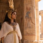 Cleopatra standing inside an ancient Egyptian temple wearing royal gold and blue jewelry