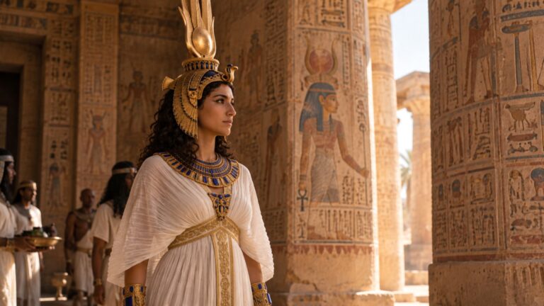Cleopatra standing inside an ancient Egyptian temple wearing royal gold and blue jewelry