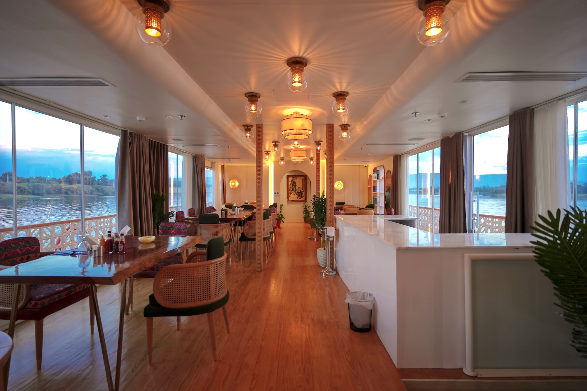 Restaurant aboard Nayera Dahabiya luxury Nile cruise in Egypt, available to book with Nile Cruisen