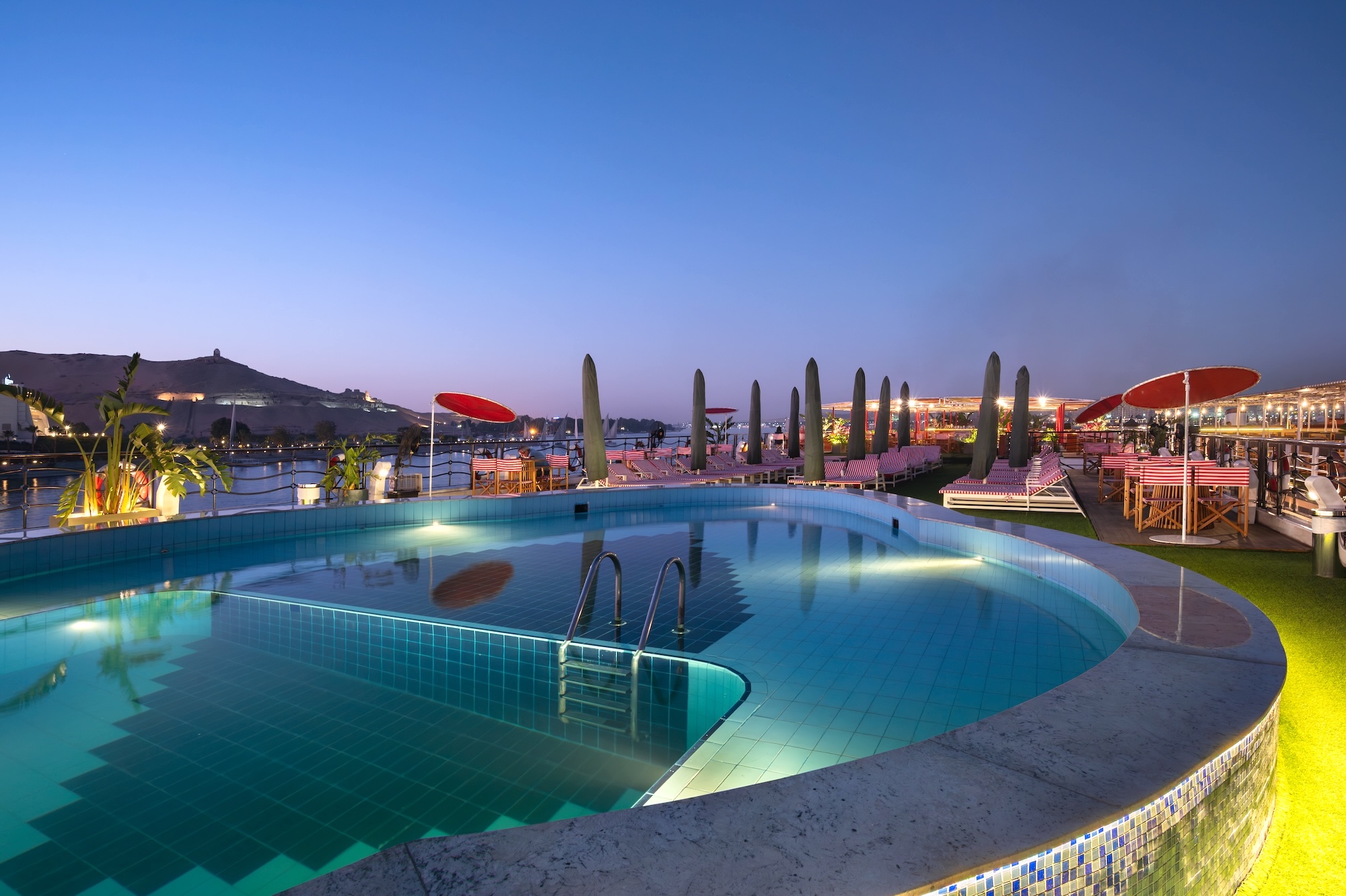 Swimming pool aboard Royal Mandarin Nile Cruise, formerly Royal Princess, sailing the Nile River in Egypt