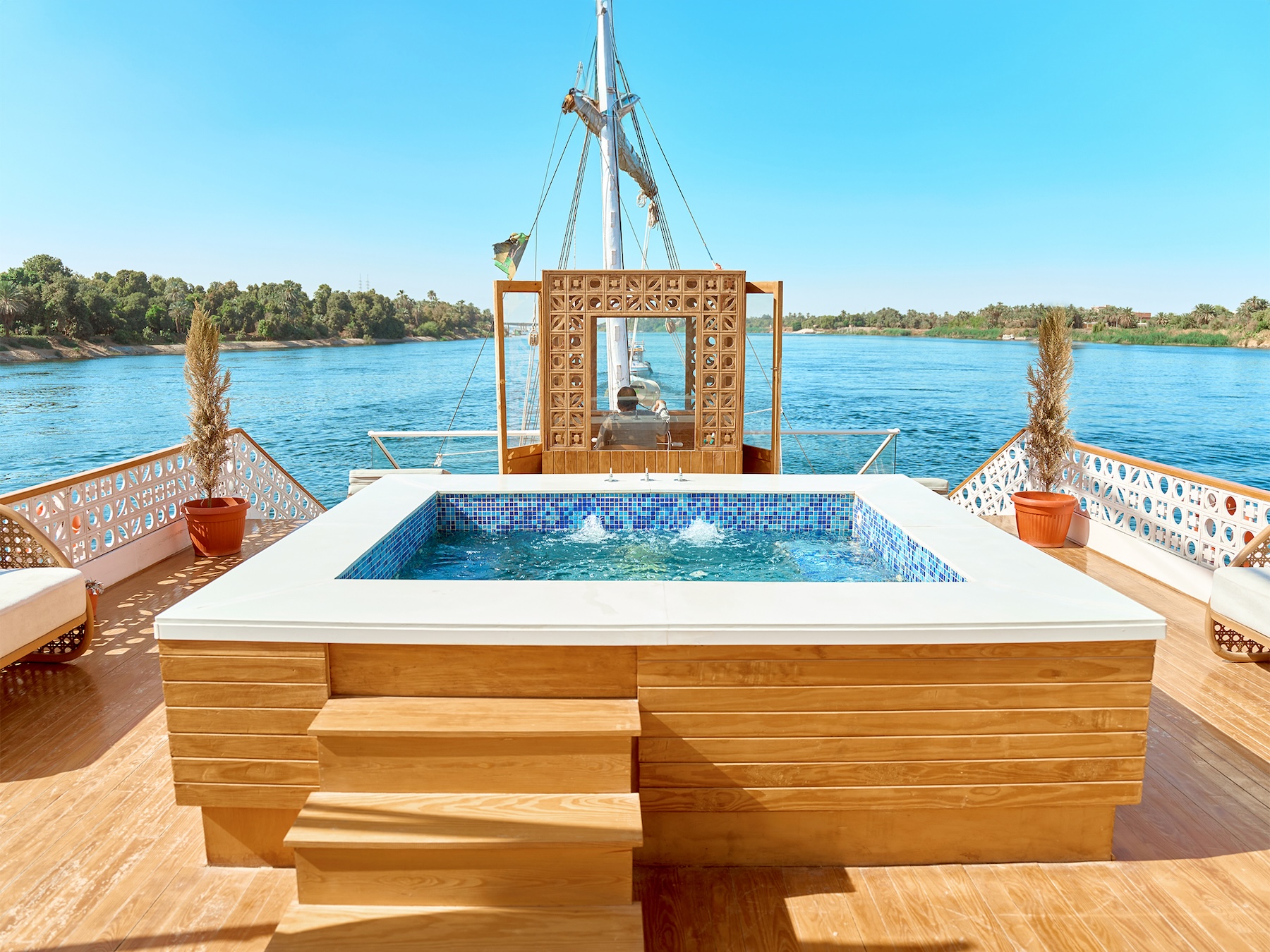 Swimming pool aboard Nayera Dahabiya luxury Nile cruise in Egypt, book your Dahabiya experience with Nile Cruisen.
