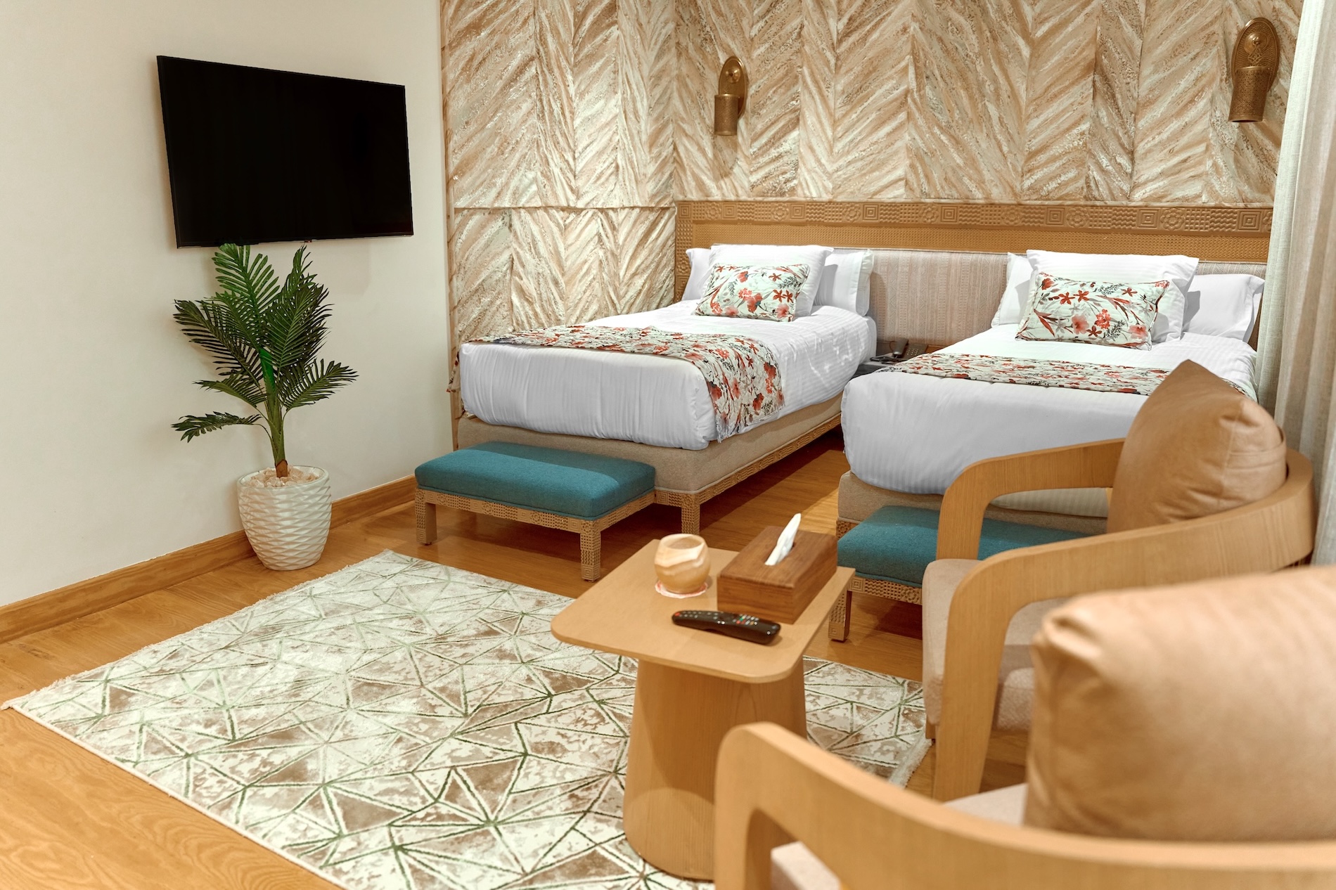 Twin cabin aboard Nayera Dahabiya luxury Nile cruise in Egypt, available to book with Nile Cruisen.